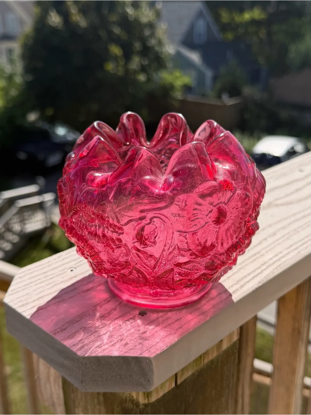 Fenton 1970s Cranberry Rose Poppy Embossed Flowers Crimped Top Rose Bowl Vase